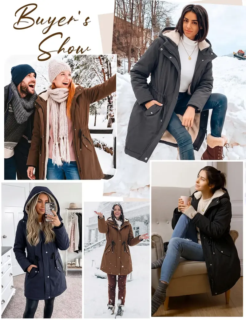 FASHORA Women's Fleece Thick Waterproof Rain Jacket Parka Jacket Women Waterproof Fleece Lined Hooded Warm Winter Coat with Pockets for Daily Commute & Outdoor Womenswear Outerwear