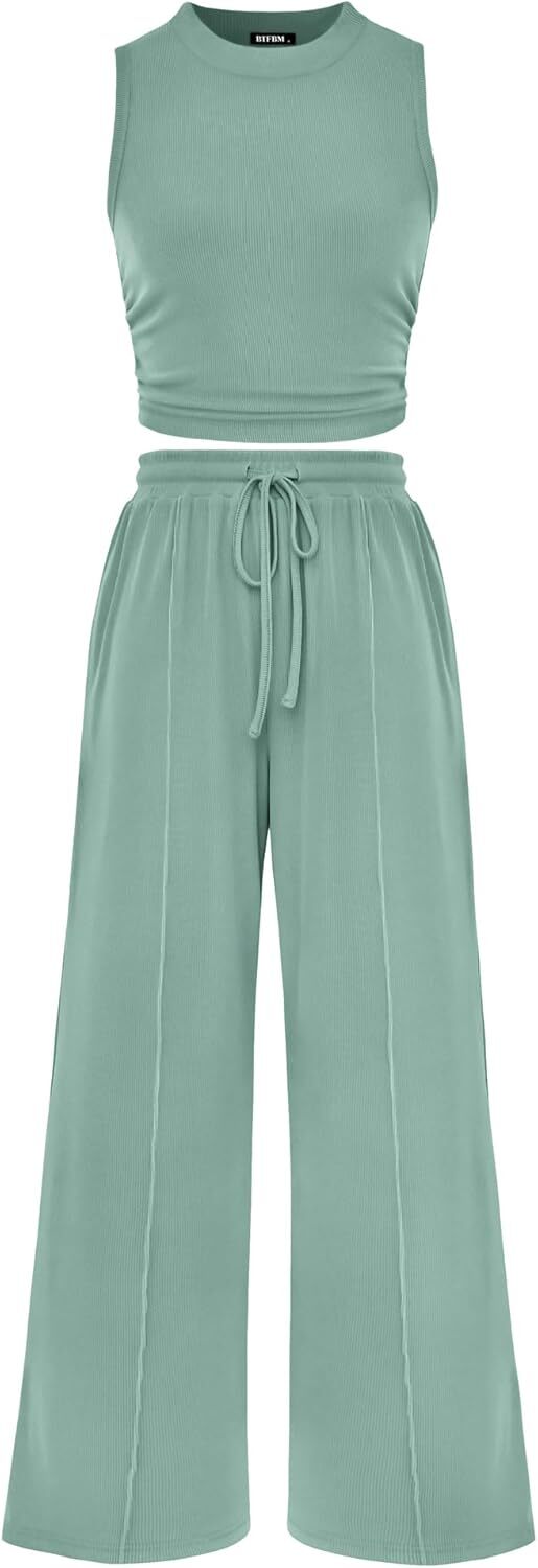 Women Summer 2 Piece Outfits 2026 Beach Crew Neck Sleeveless Cropped Top Elastic Waist Wide Leg Pants Lounge Set