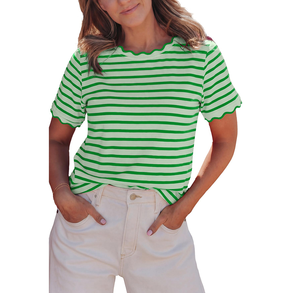 Women's Top Stripe Scalloped Trim Round Neck T Shirt