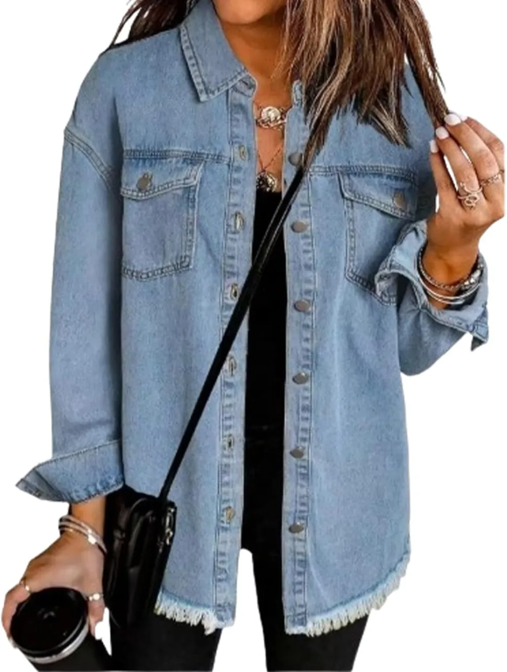 Women's Casual Denim Button Down Distressed Jacket
