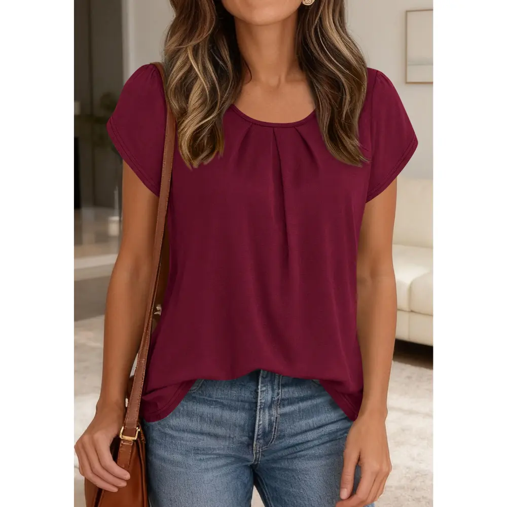 Women's Summer Pleated Crew Neck T-Shirt