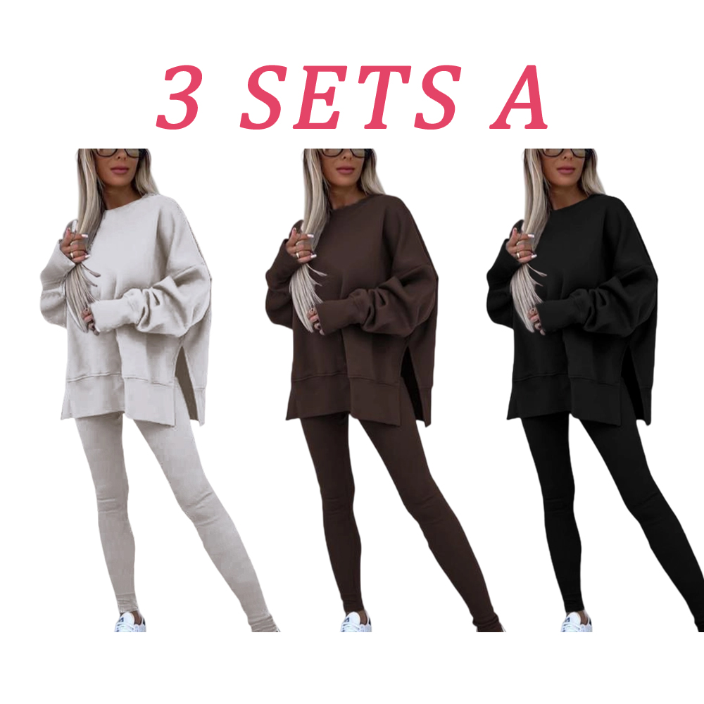 🔥Women's Solid Drop Shoulder Split Hem Sweatshirt & Pants Two-piece Set