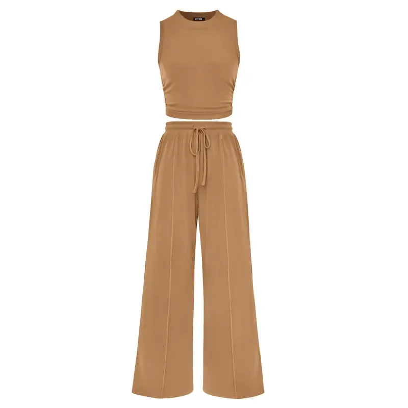 🔥Women's 2-Piece Outfits - Ribbed Knit Crew Neck Sleeveless Cropped Top & Wide Leg Pants Lounge Set