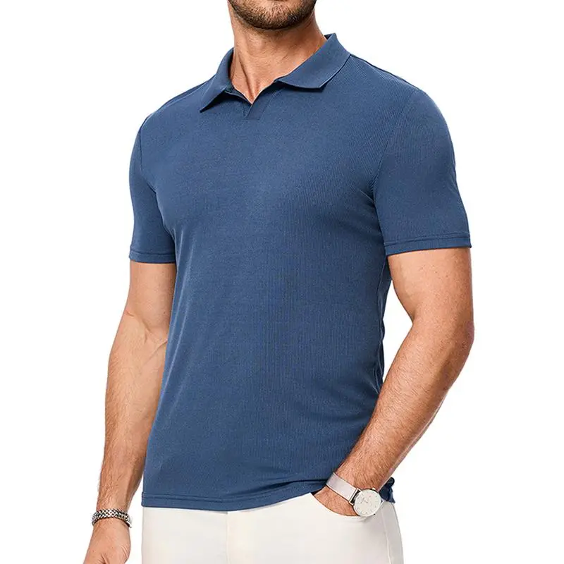 JMIERR Men's Muscle V - Neck Slim - Fit Ribbed Polo
