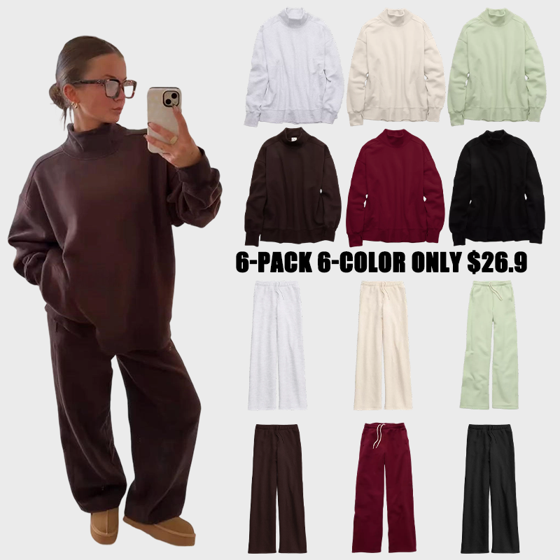 🔥 6-Color 6-Set - $26.9 Today 🔥Cloud Fleece Oversized Mockneck Sweatshirt+Barrel Sweatpant Matching Sets