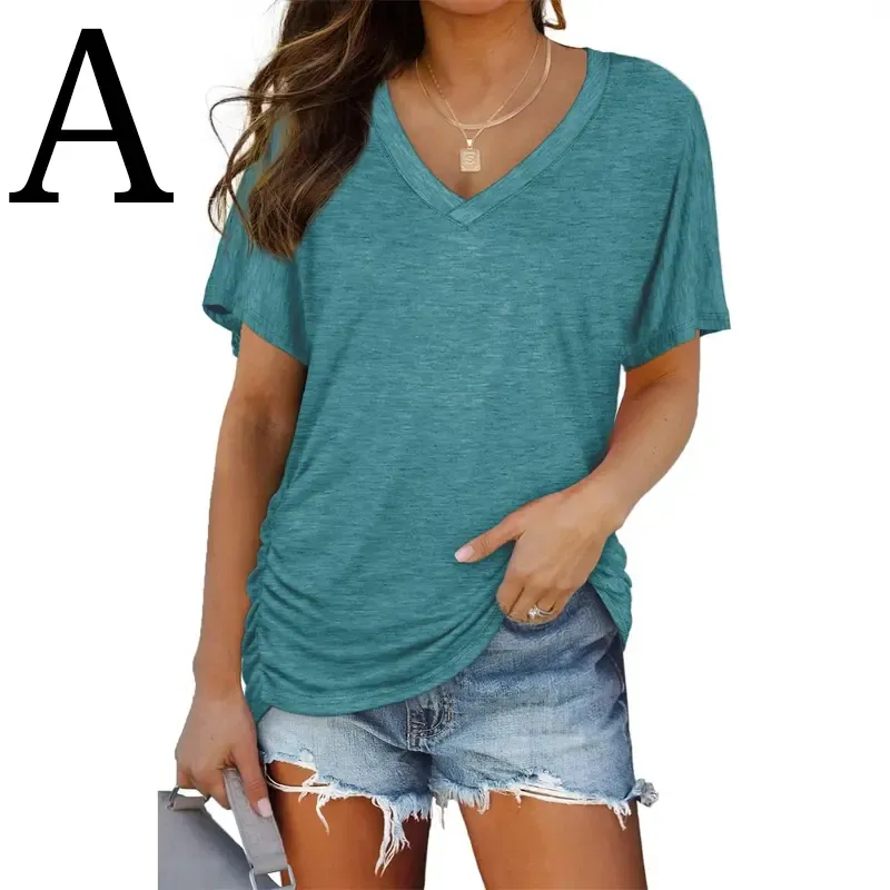 Womens Short Sleeve V Neck Dolman Tops with Side Shirring