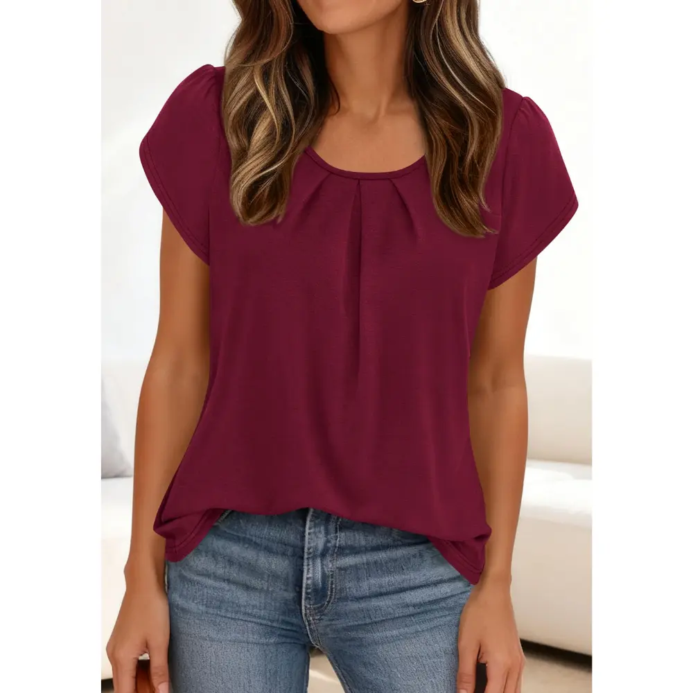 Women's Summer Pleated Crew Neck T-Shirt