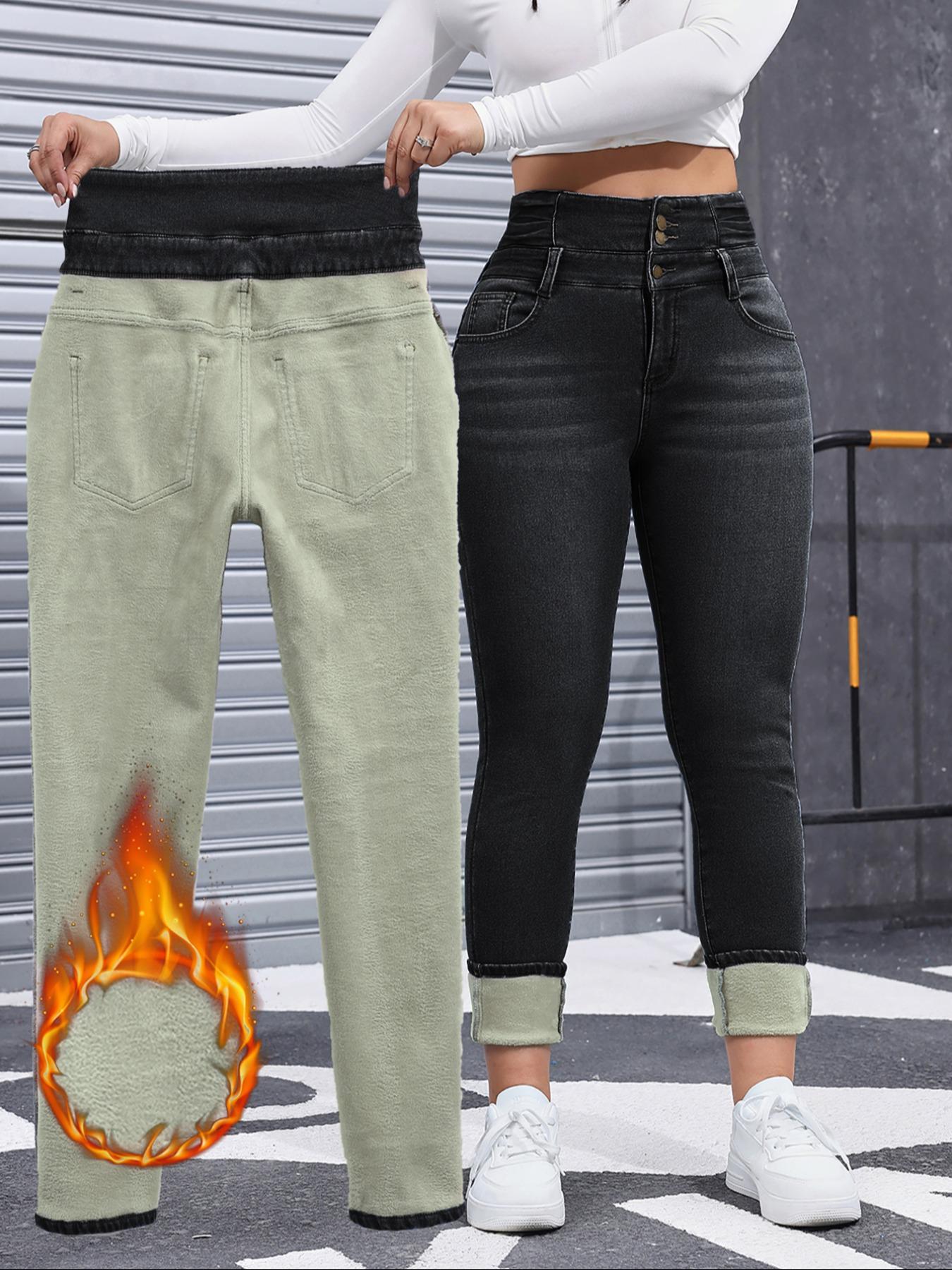 Women's Comfortable Minimalist Chic Fleece-Lined Slim Fitting Jeans, High-Stretch Thick-Woven Slimming Fitted Denim Pants for Winter