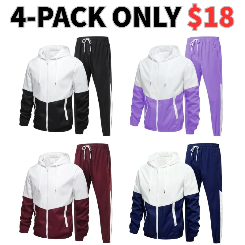 Men's Colorblock Drawstring Zip Up Hoodie & Joggers French Terry Set