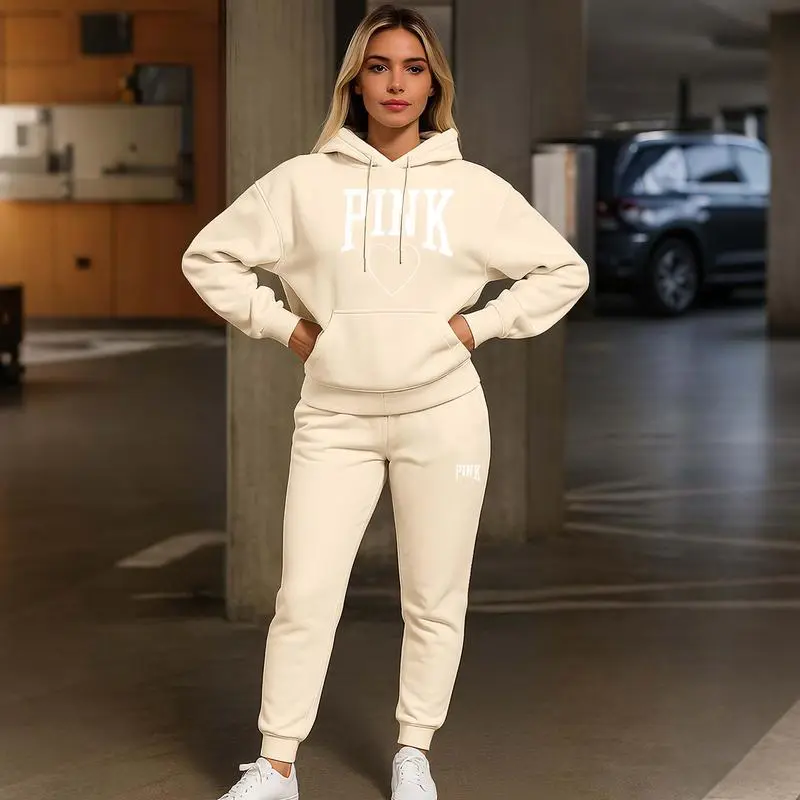 Women's Pink Heart Print Hoodie & Track Pants Set