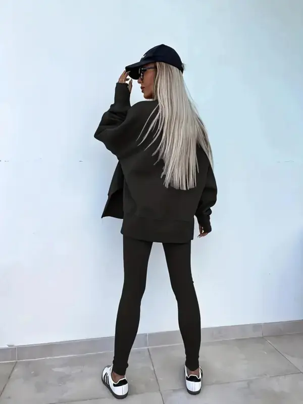 🔥Women's Solid Drop Shoulder Split Hem Sweatshirt & Pants Two-piece Set