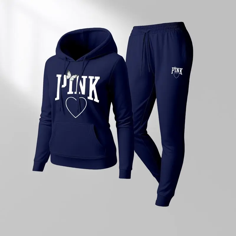 Women's Pink Heart Print Hoodie & Track Pants Set