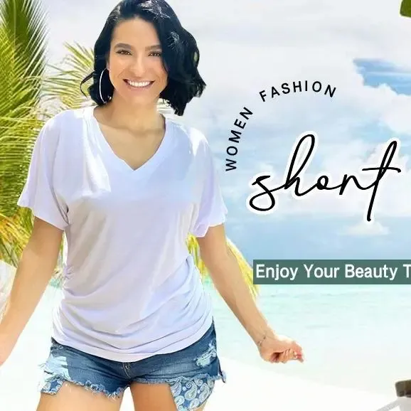 Womens Short Sleeve V Neck Dolman Tops with Side Shirring
