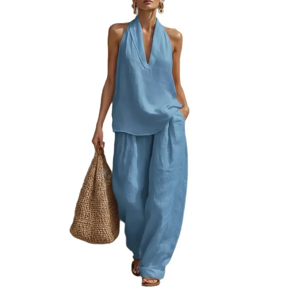 Women's Boho Linen Two Piece Set Halter Neck Sleeveless Top & Wide Leg Pants Beach Vacation Brunch Casual Outfit