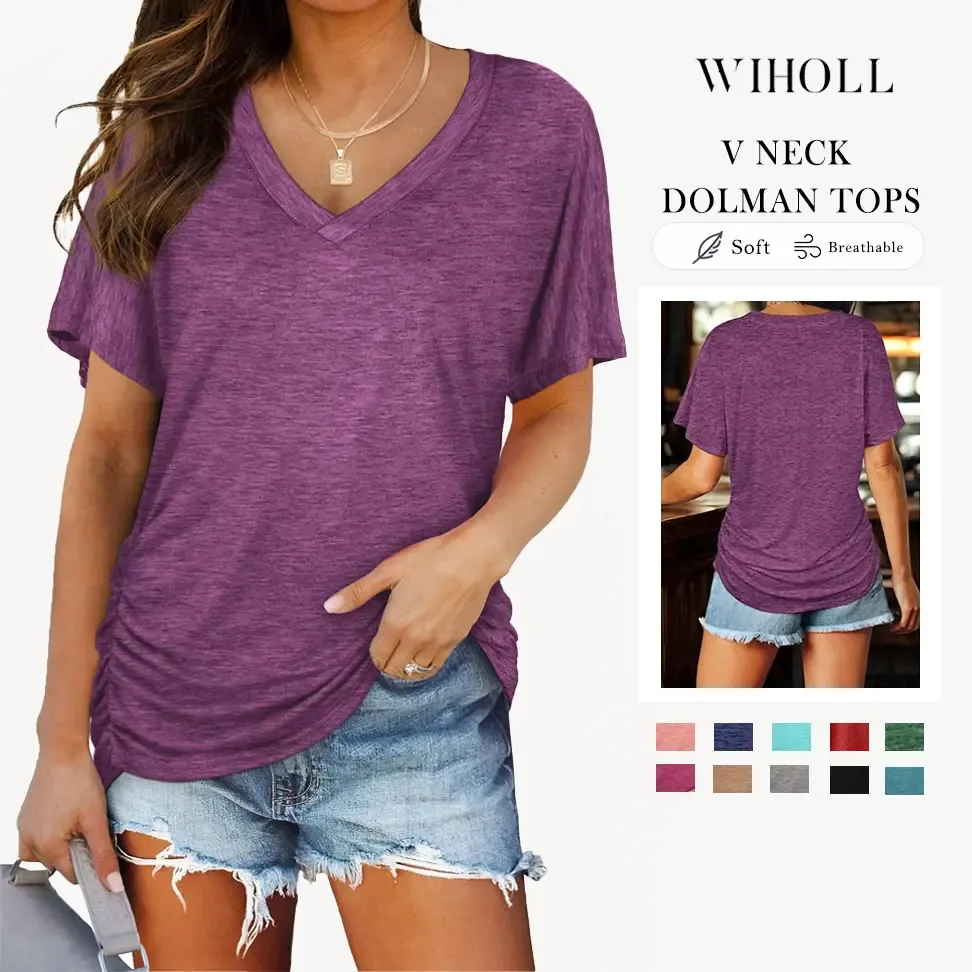 Womens Short Sleeve V Neck Dolman Tops with Side Shirring