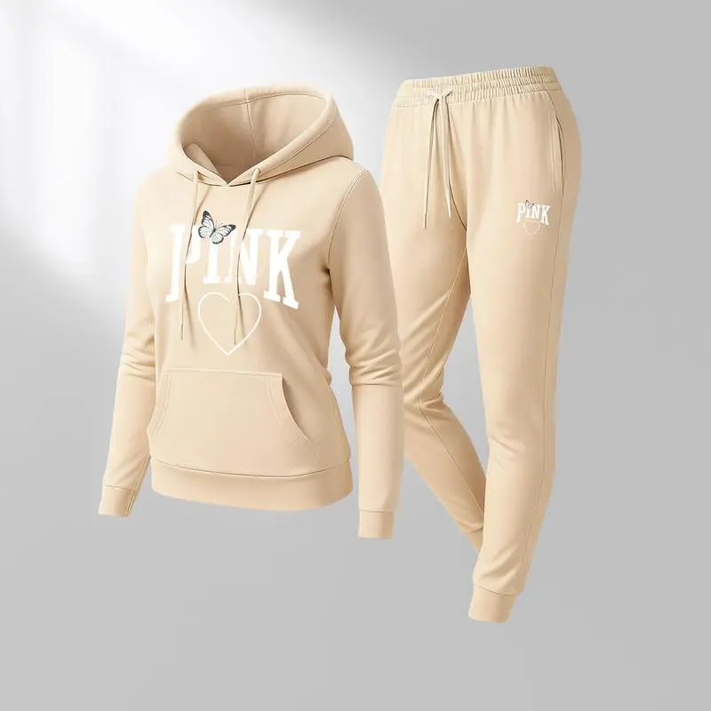 Women's Pink Heart Print Hoodie & Track Pants Set