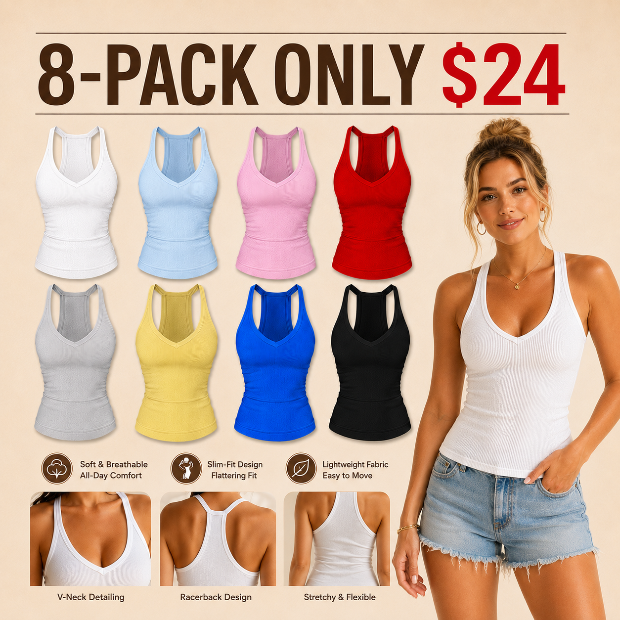⚡FINAL SALE⚡ Women’s Built-In Bra Backless Ribbed Tank Top