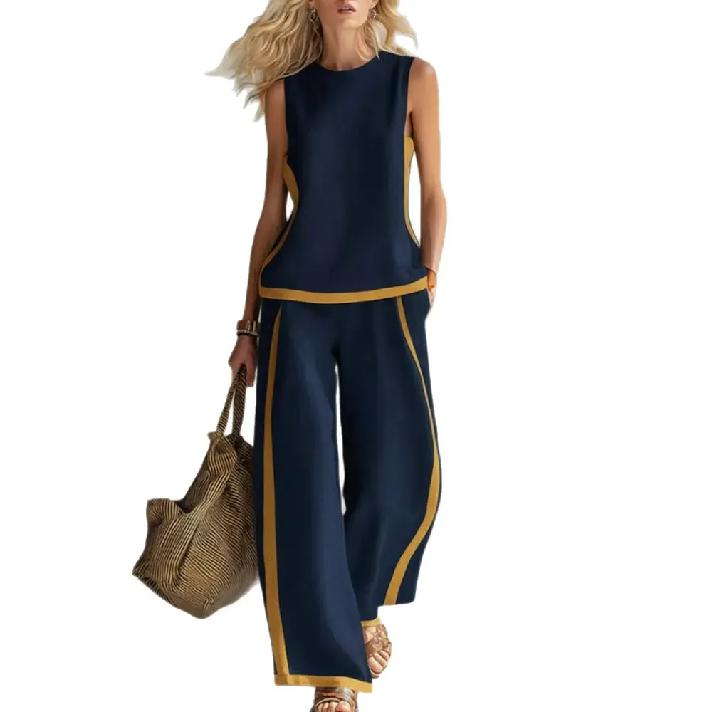 Linen Blend Women Sleeveless Color Block Top Wide Leg Pants Set