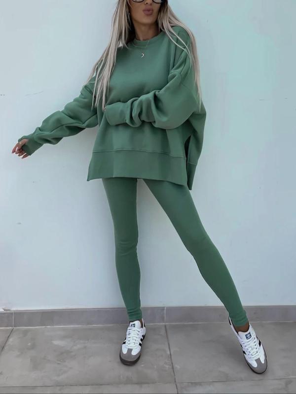 🔥Women's Solid Drop Shoulder Split Hem Sweatshirt & Pants Two-piece Set