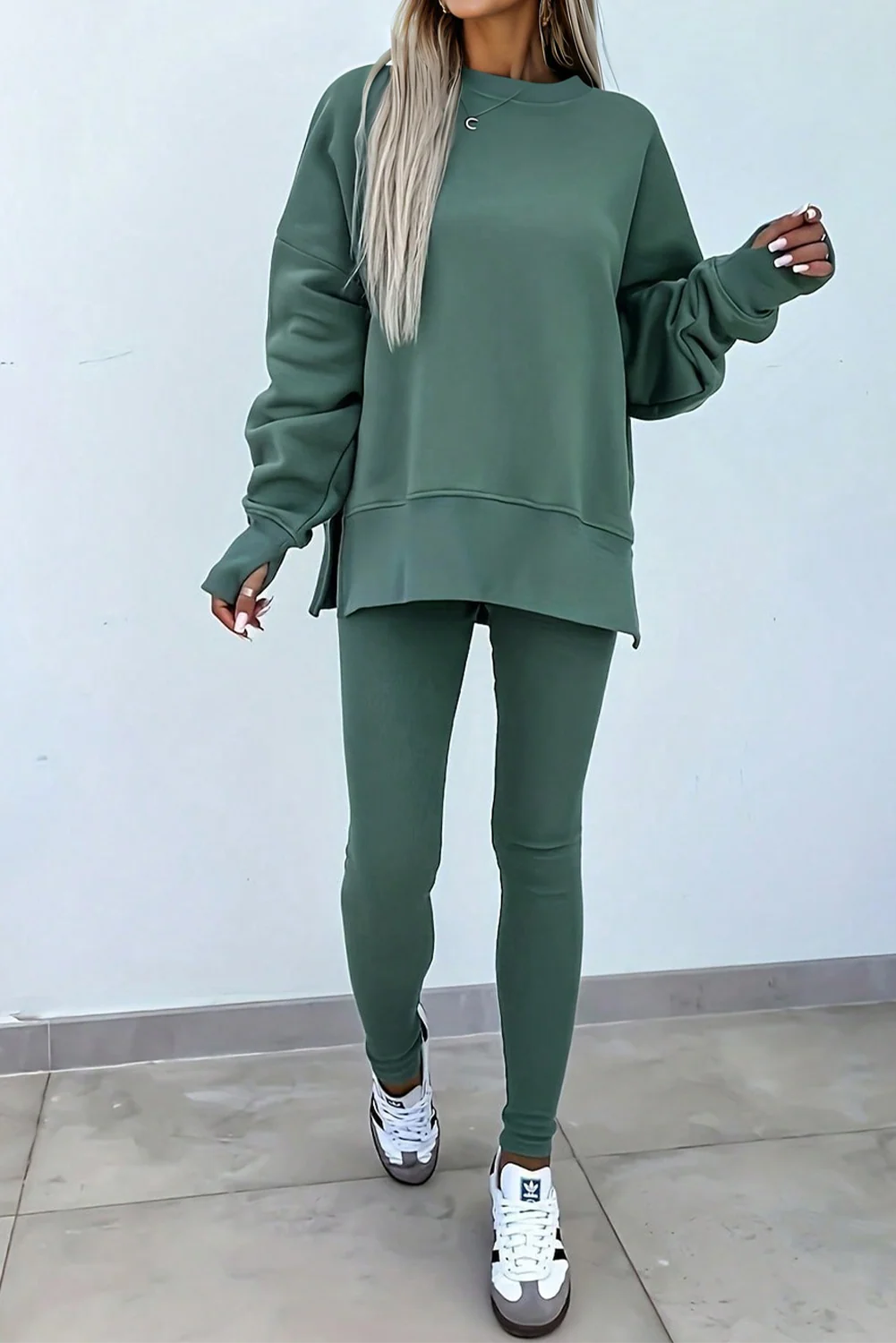 🔥Women's Solid Drop Shoulder Split Hem Sweatshirt & Pants Two-piece Set