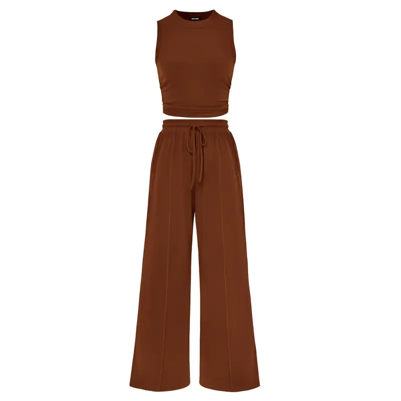 🔥Women's 2-Piece Outfits - Ribbed Knit Crew Neck Sleeveless Cropped Top & Wide Leg Pants Lounge Set