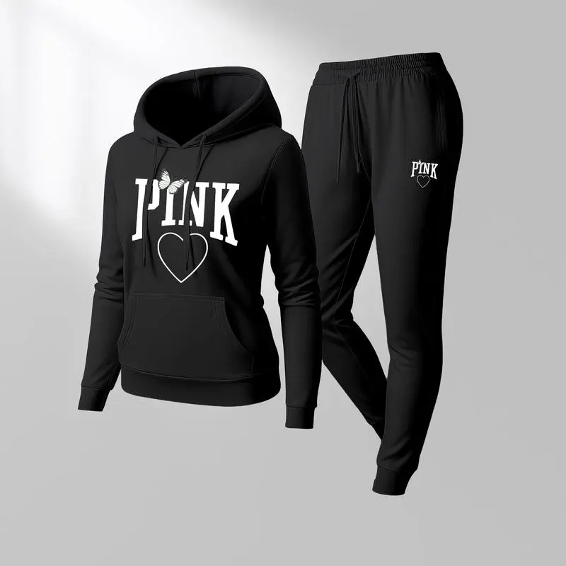 Women's Pink Heart Print Hoodie & Track Pants Set