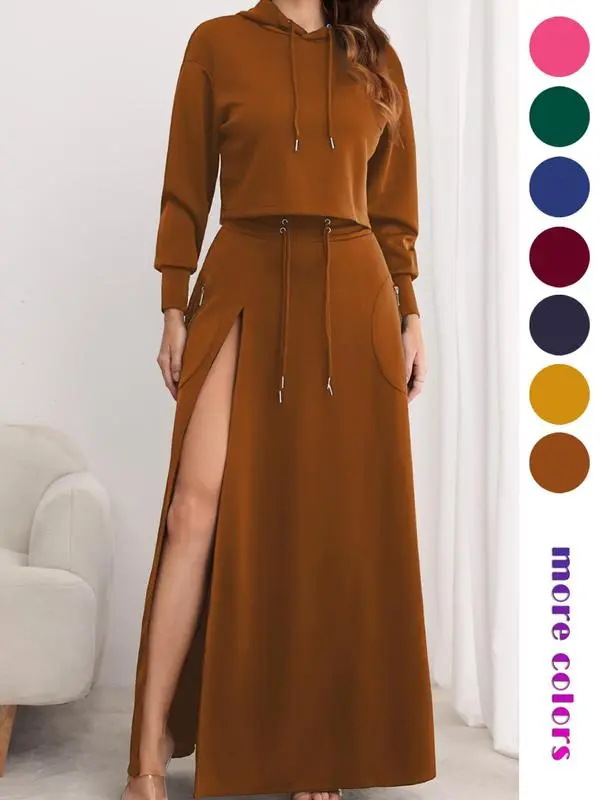 Women's Solid Drawstring Hoodie & Split Thigh Skirt Set, Long Sleeve Top & Pocket Long Skirt, Casual Fashion Cozy Co-ord Set, Women Clothes