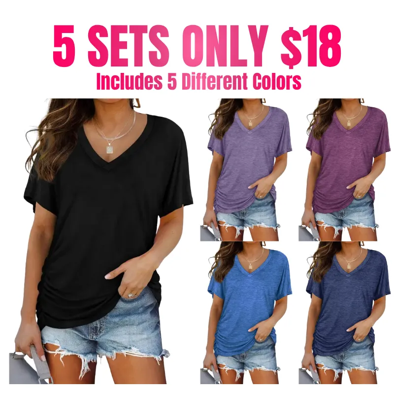 Womens Short Sleeve V Neck Dolman Tops with Side Shirring