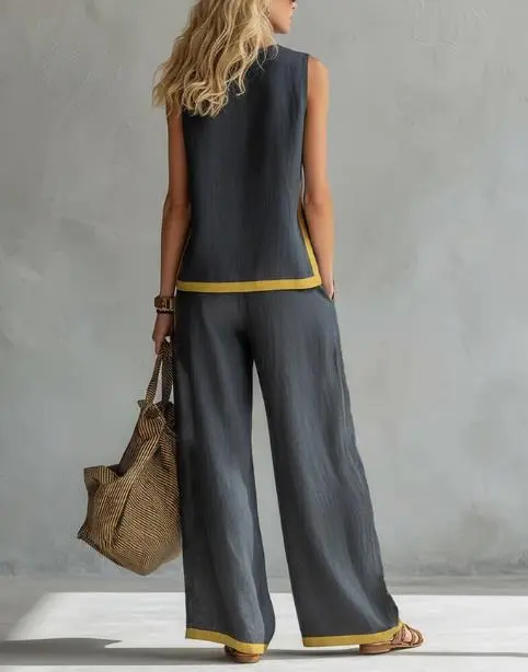 Linen Blend Women Sleeveless Color Block Top Wide Leg Pants Set