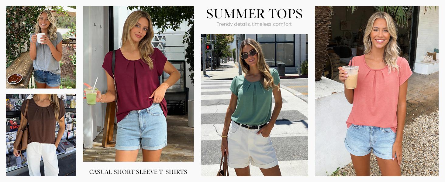 PrettyGarden Pleated Crew Neck Basic T Shirts Womens Tops Dressy Casual Summer Short Sleeve Blouses Spring Clothes#SummerVibes#DealsForYouDays