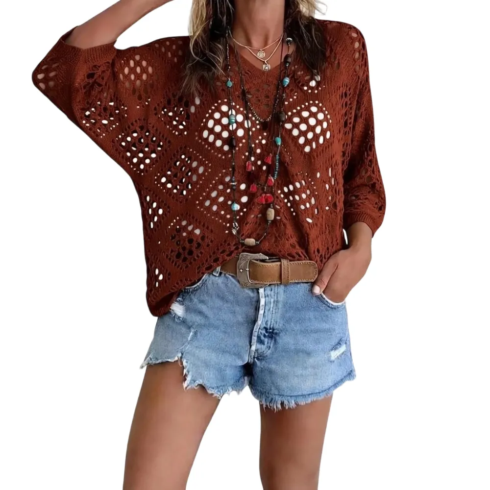 Women's Boho Crochet V-Neck Top – Casual Chic Knit