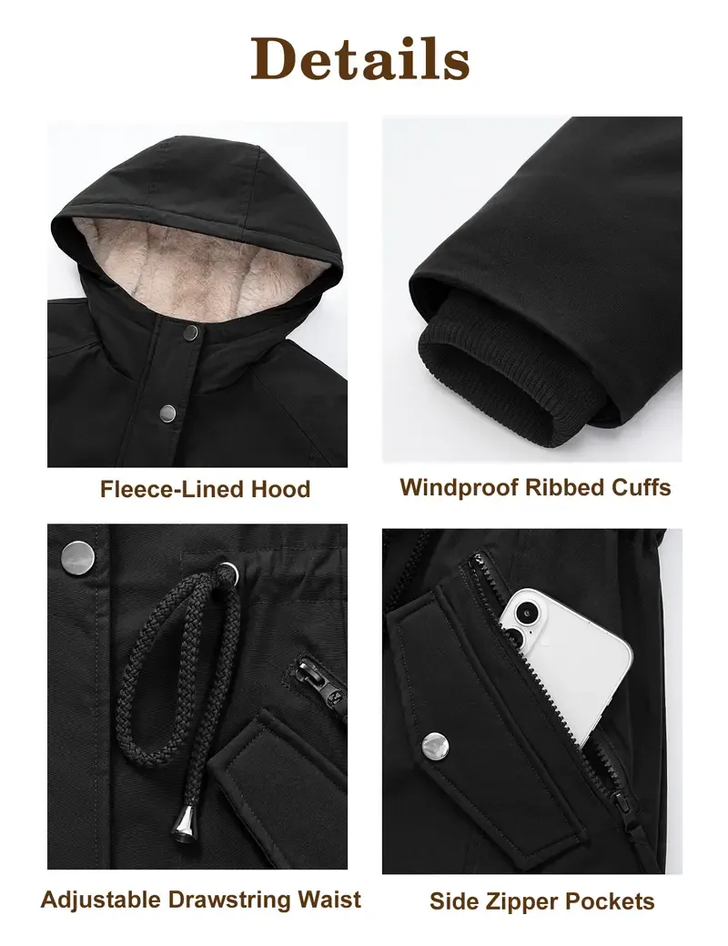 FASHORA Women's Fleece Thick Waterproof Rain Jacket Parka Jacket Women Waterproof Fleece Lined Hooded Warm Winter Coat with Pockets for Daily Commute & Outdoor Womenswear Outerwear