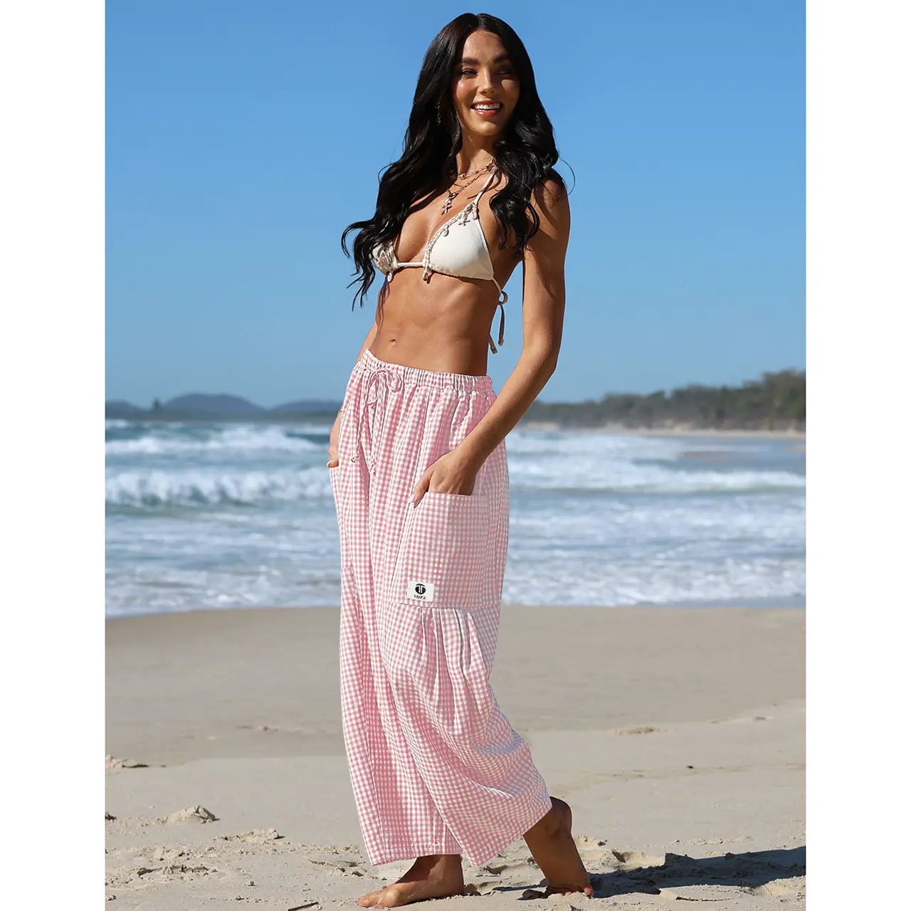 TARSE Women's Wide Leg Striped Palazzo Pants with Pockets