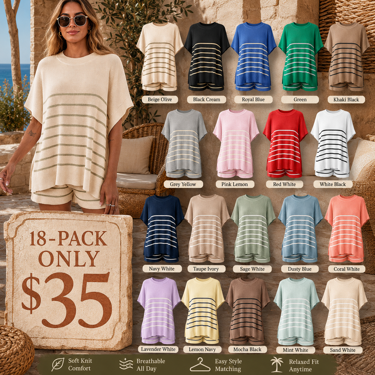 Women's Striped 2 Piece Outfits Oversized Batwing Short Sleeve Tops High Waisted Shorts