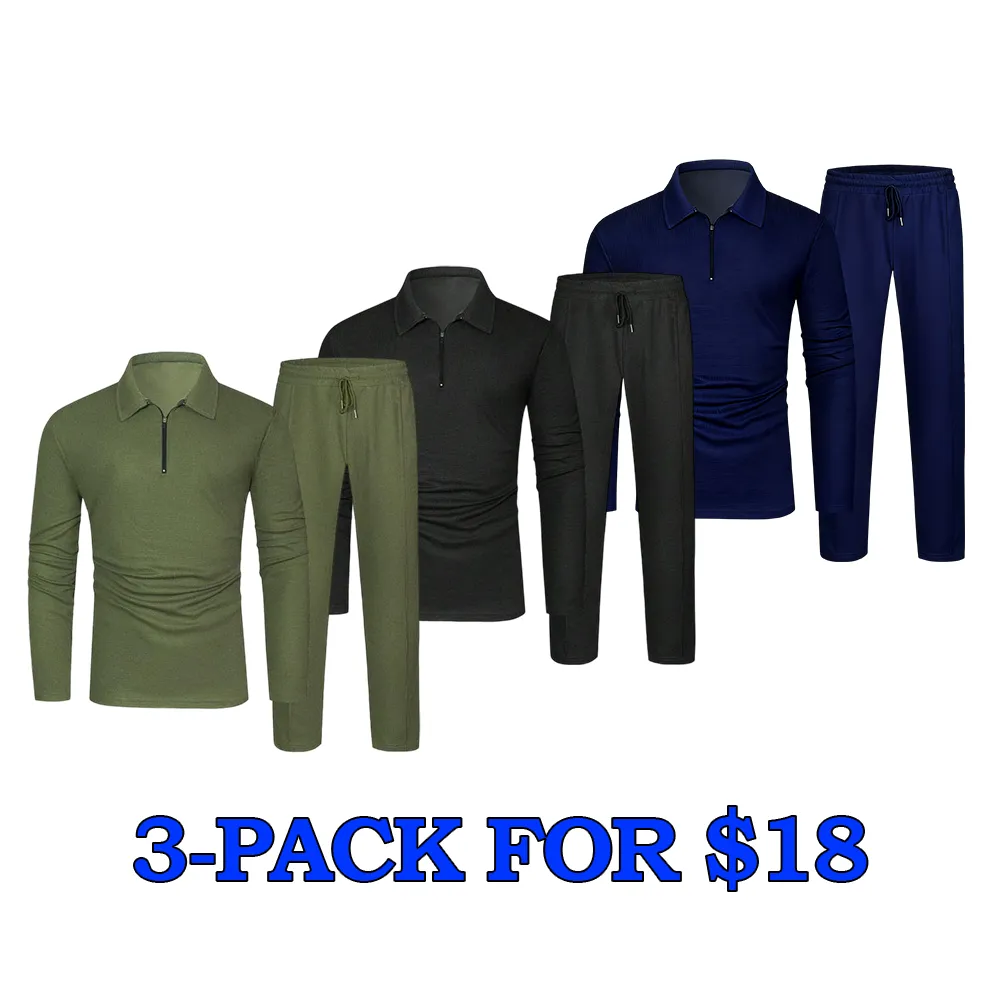Men's Solid Textured Long Sleeve Polo Shirt & Drawstring Waist Pants Set