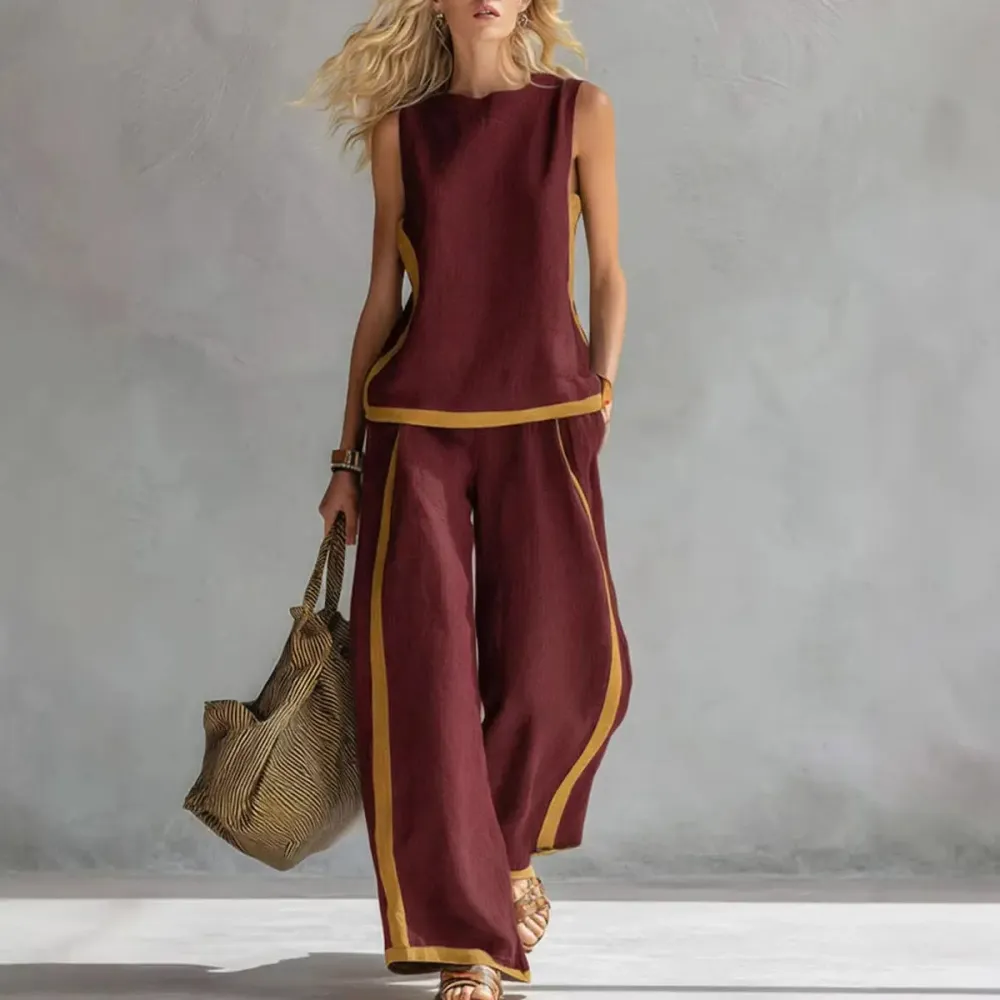 Linen Blend Women Sleeveless Color Block Top Wide Leg Pants Set
