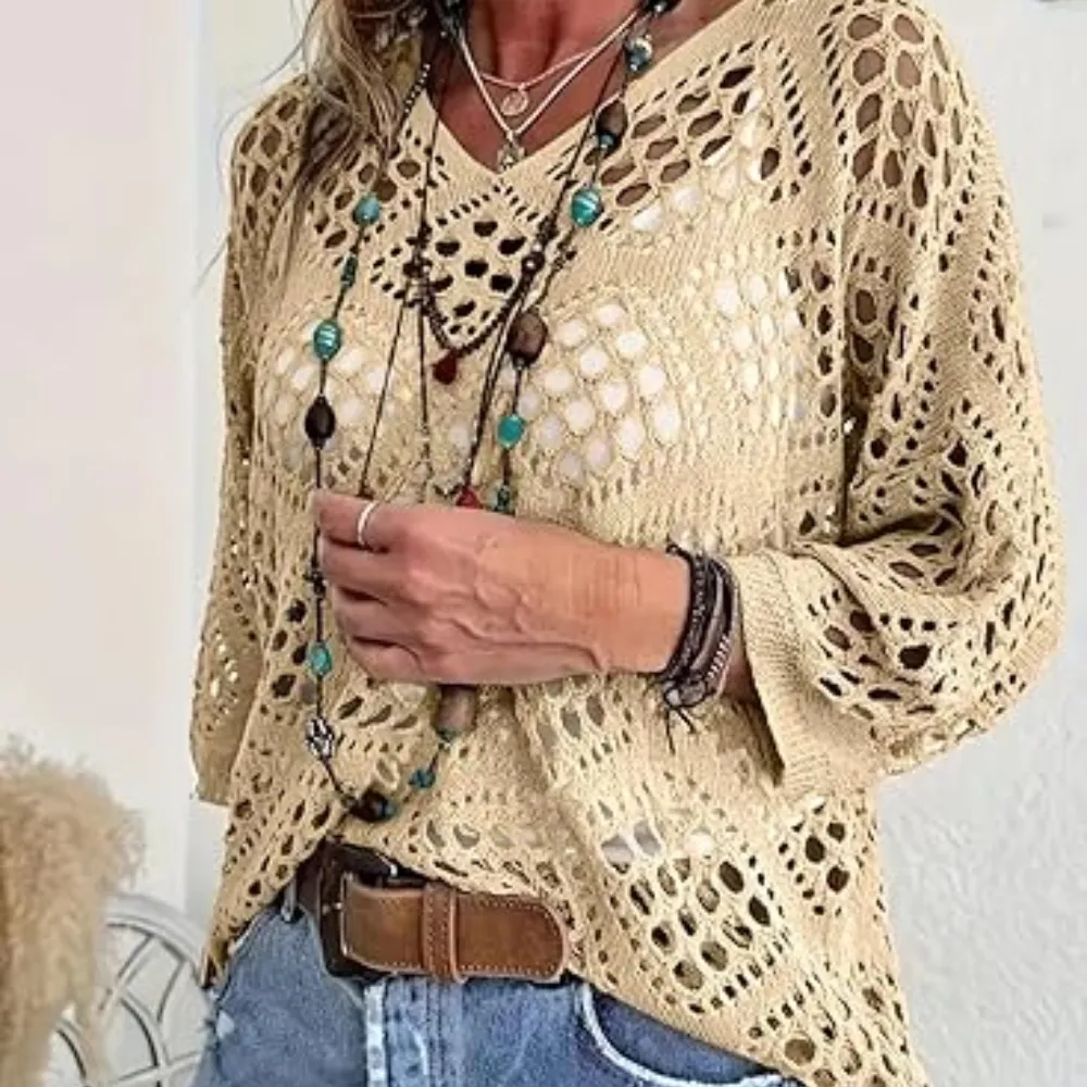 Women's Boho Crochet V-Neck Top – Casual Chic Knit