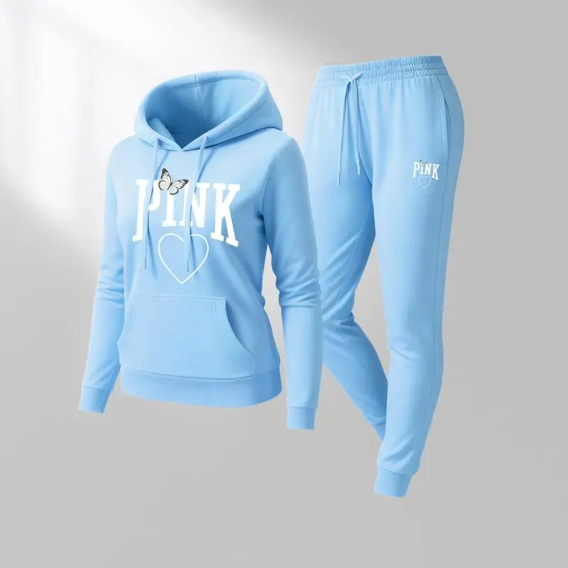 Women's Pink Heart Print Hoodie & Track Pants Set