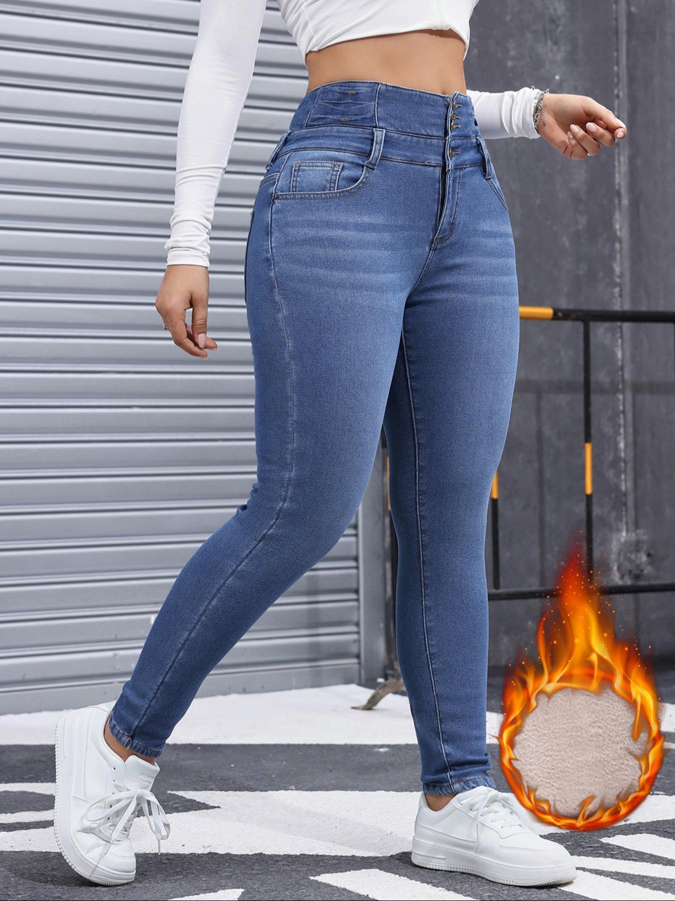 Women's Comfortable Minimalist Chic Fleece-Lined Slim Fitting Jeans, High-Stretch Thick-Woven Slimming Fitted Denim Pants for Winter