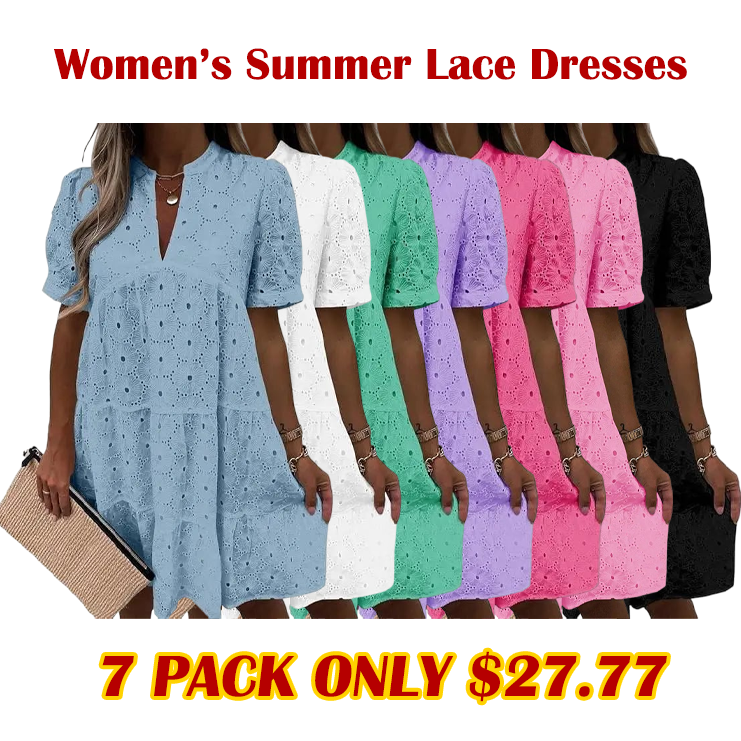 Women’s Summer Lace Dresses Eyelet Casual Flowy Babydoll Swing Short Sleeve V Neck Tunic Dress