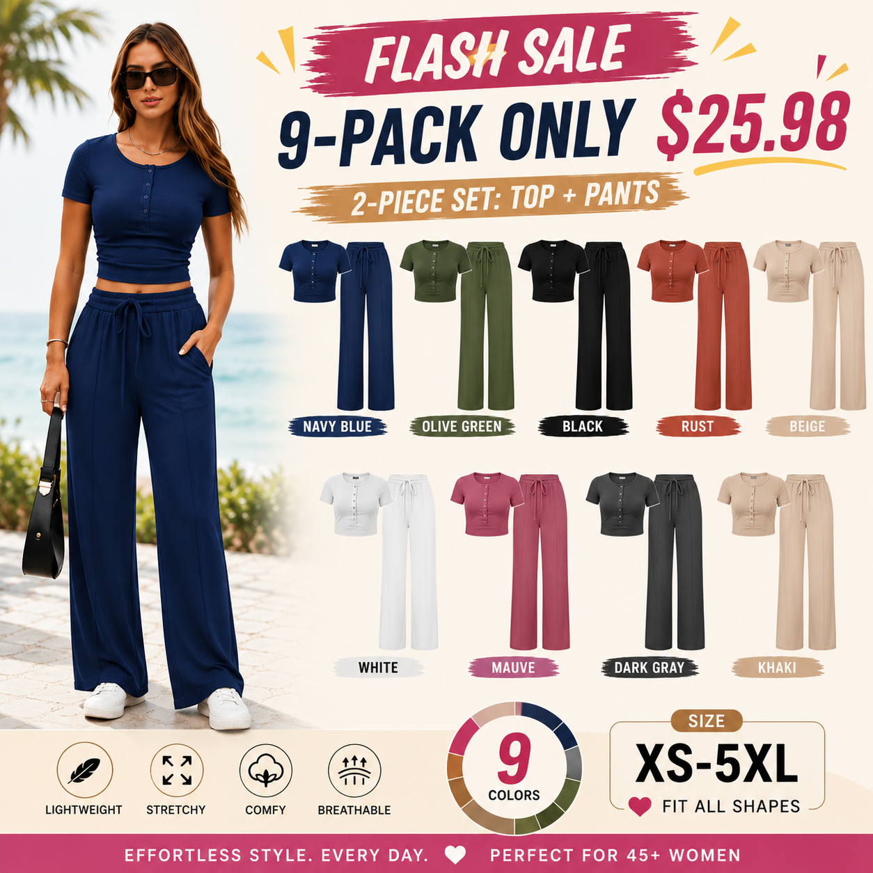 ⚡FINAL SALE⚡- Women's 2-Piece Outfits Summer Short Sleeve Crop Slim Fit Tops & Wide Leg Pants