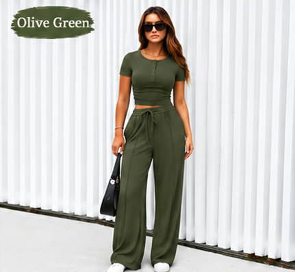 ⚡FINAL SALE⚡- Women's 2-Piece Outfits Summer Short Sleeve Crop Slim Fit Tops & Wide Leg Pants