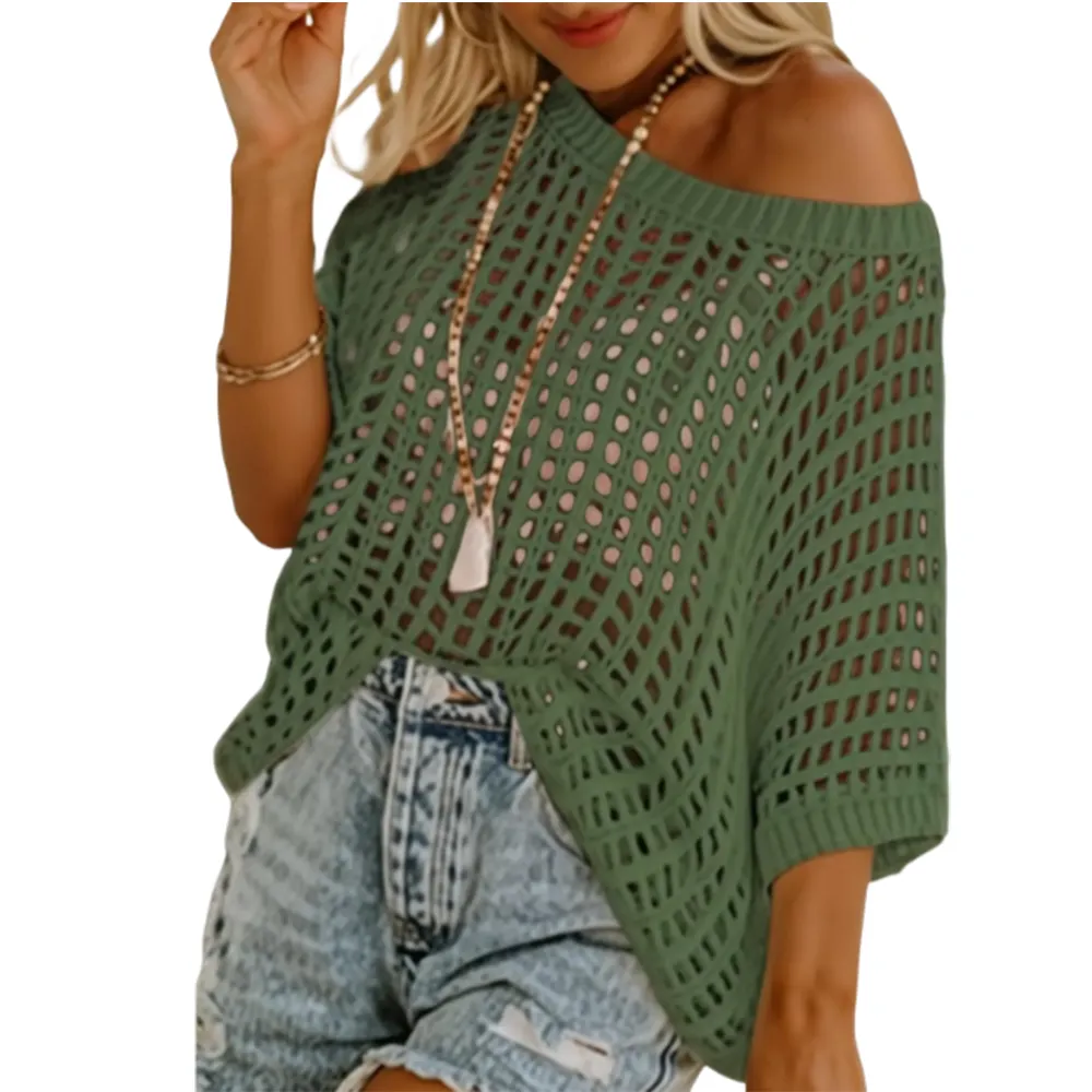 🔥Last day promotion🔥Women's Scoop Neck Crochet Knit Short Sleeve Sweater Top