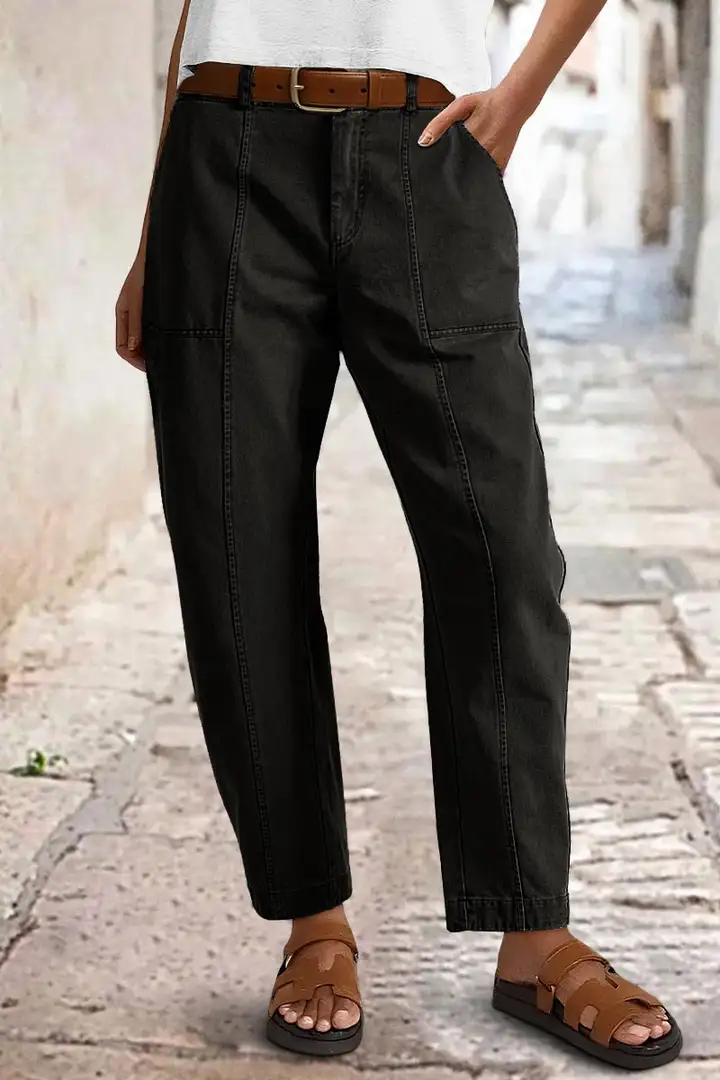 ⚡FINAL SALE⚡- Solid Stitch Detail Mid Waist Barrel Leg Pants Without Belt