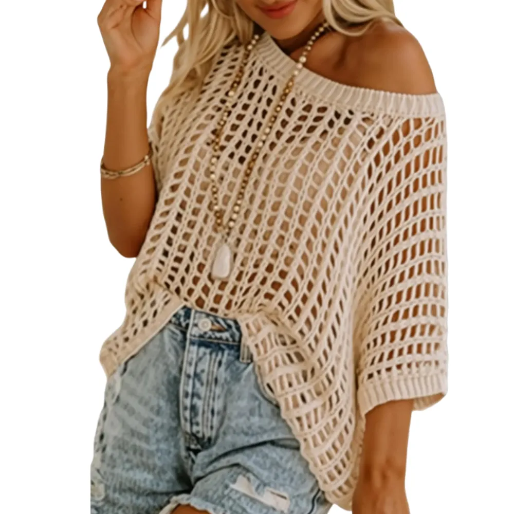 🔥Last day promotion🔥Women's Scoop Neck Crochet Knit Short Sleeve Sweater Top
