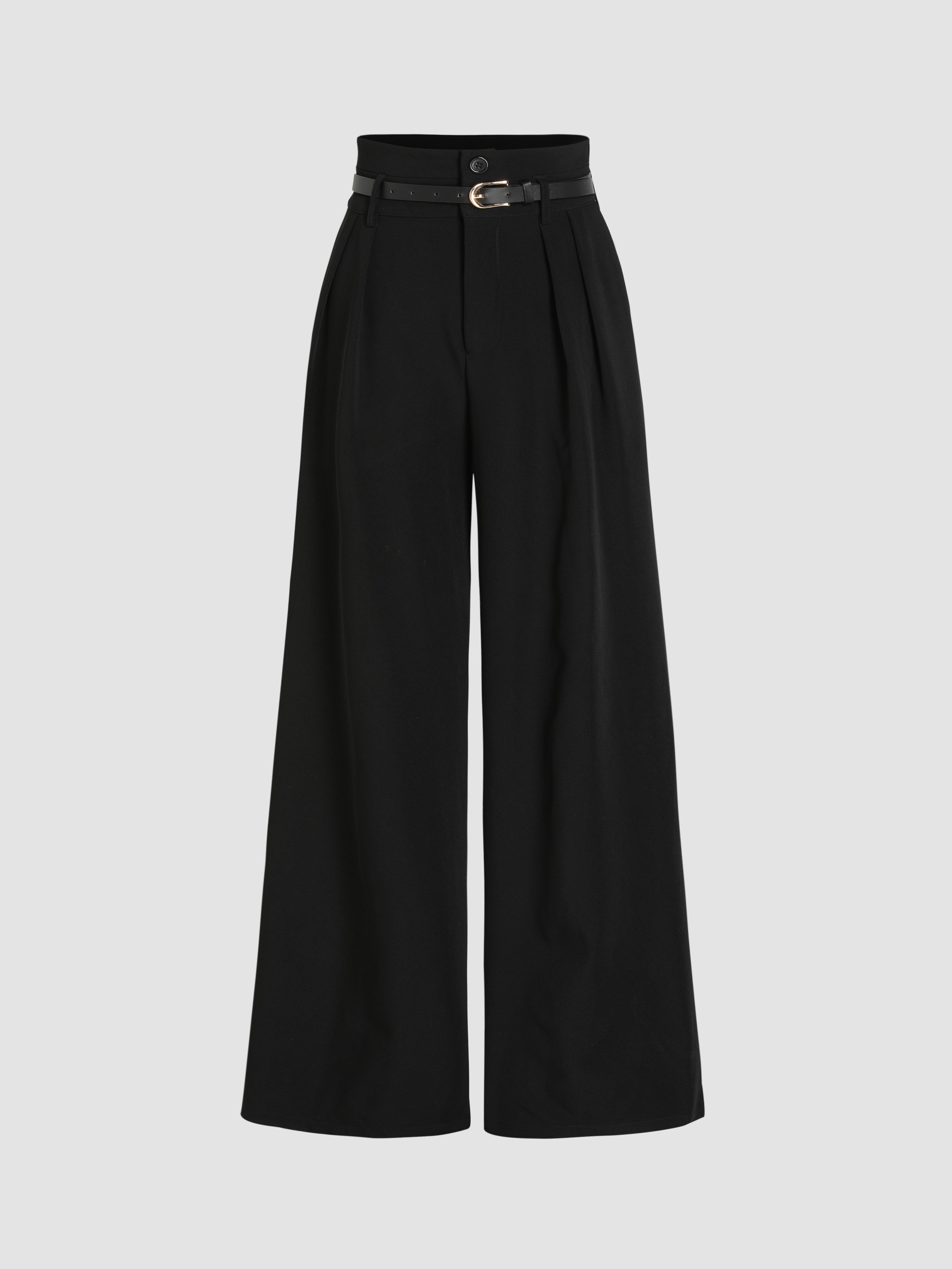Belted High Waisted Pleated Trousers - Black