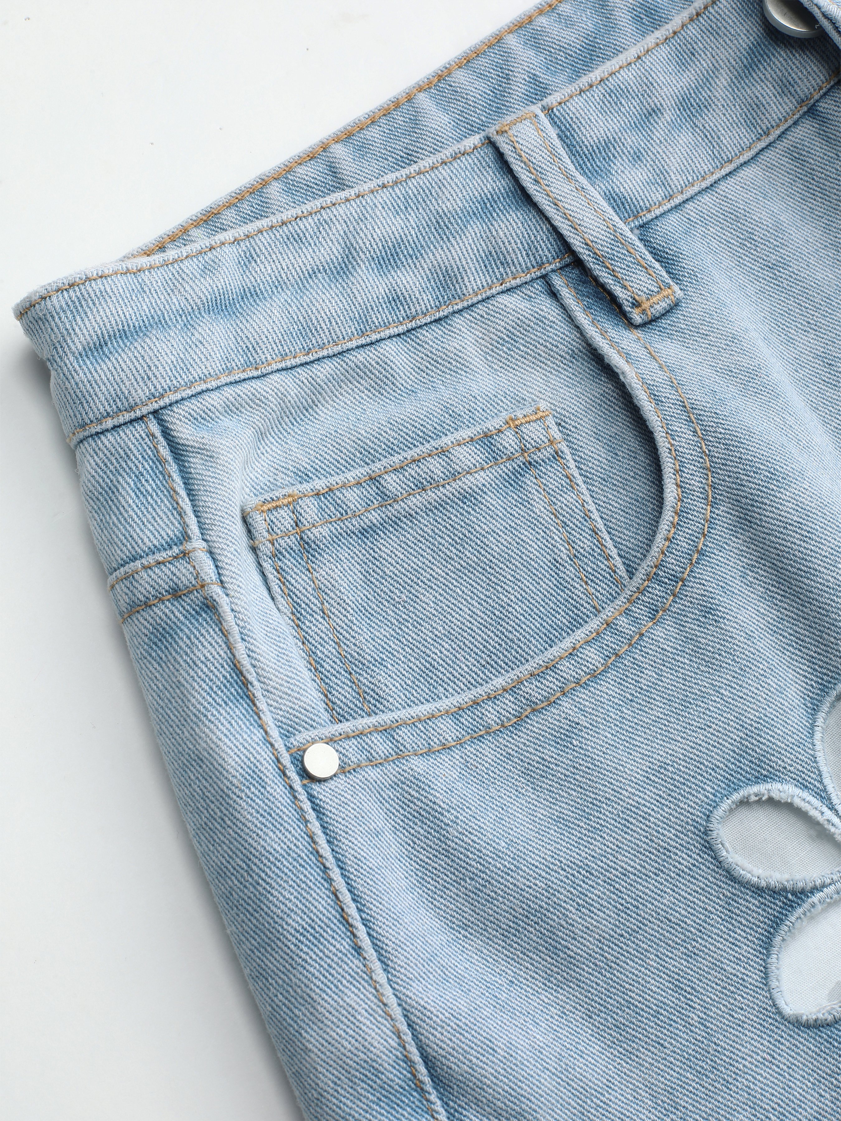 Denim Mid Waist Floral Pocket Wide Leg Jeans