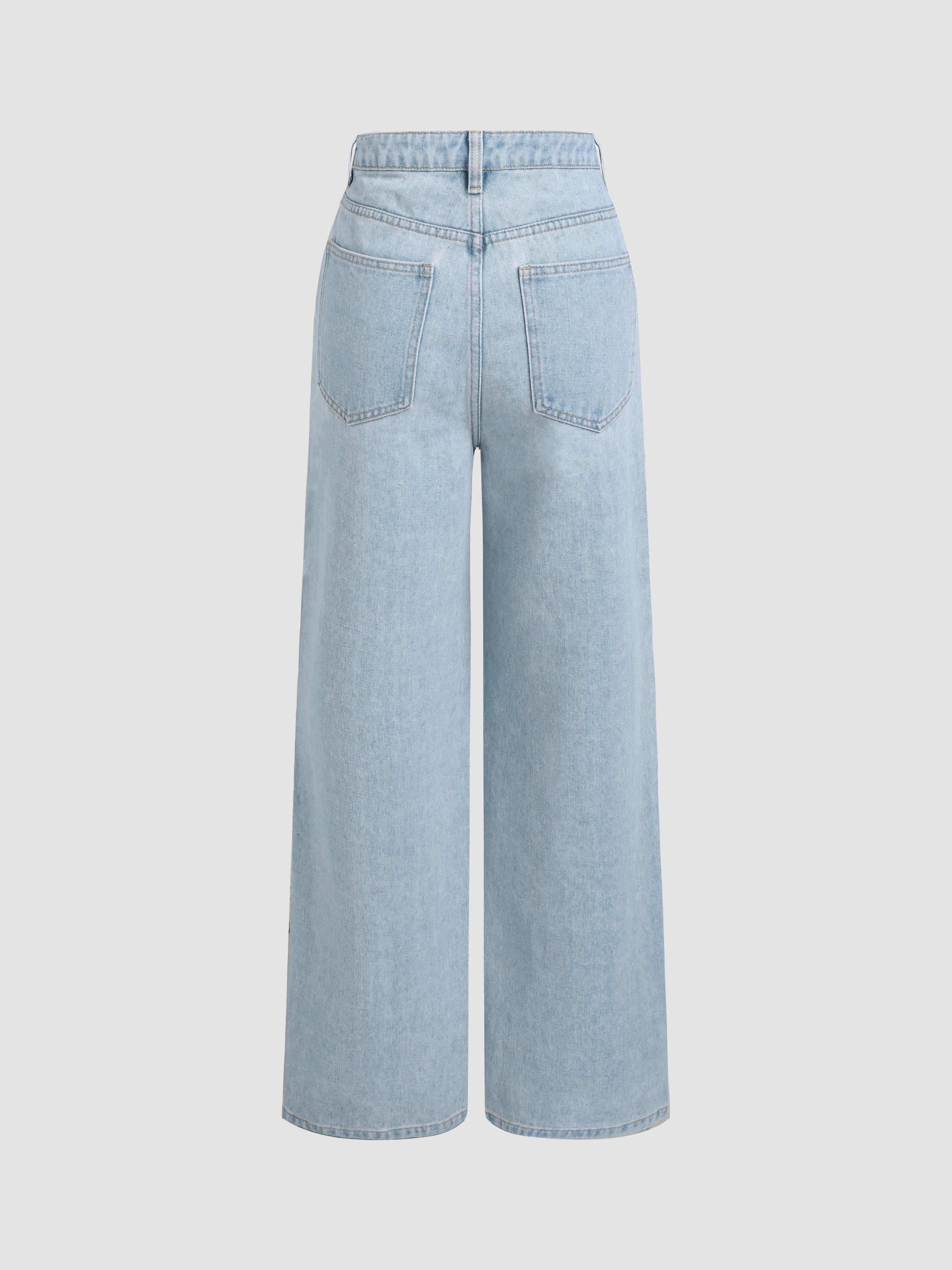 Denim Mid Waist Floral Pocket Wide Leg Jeans