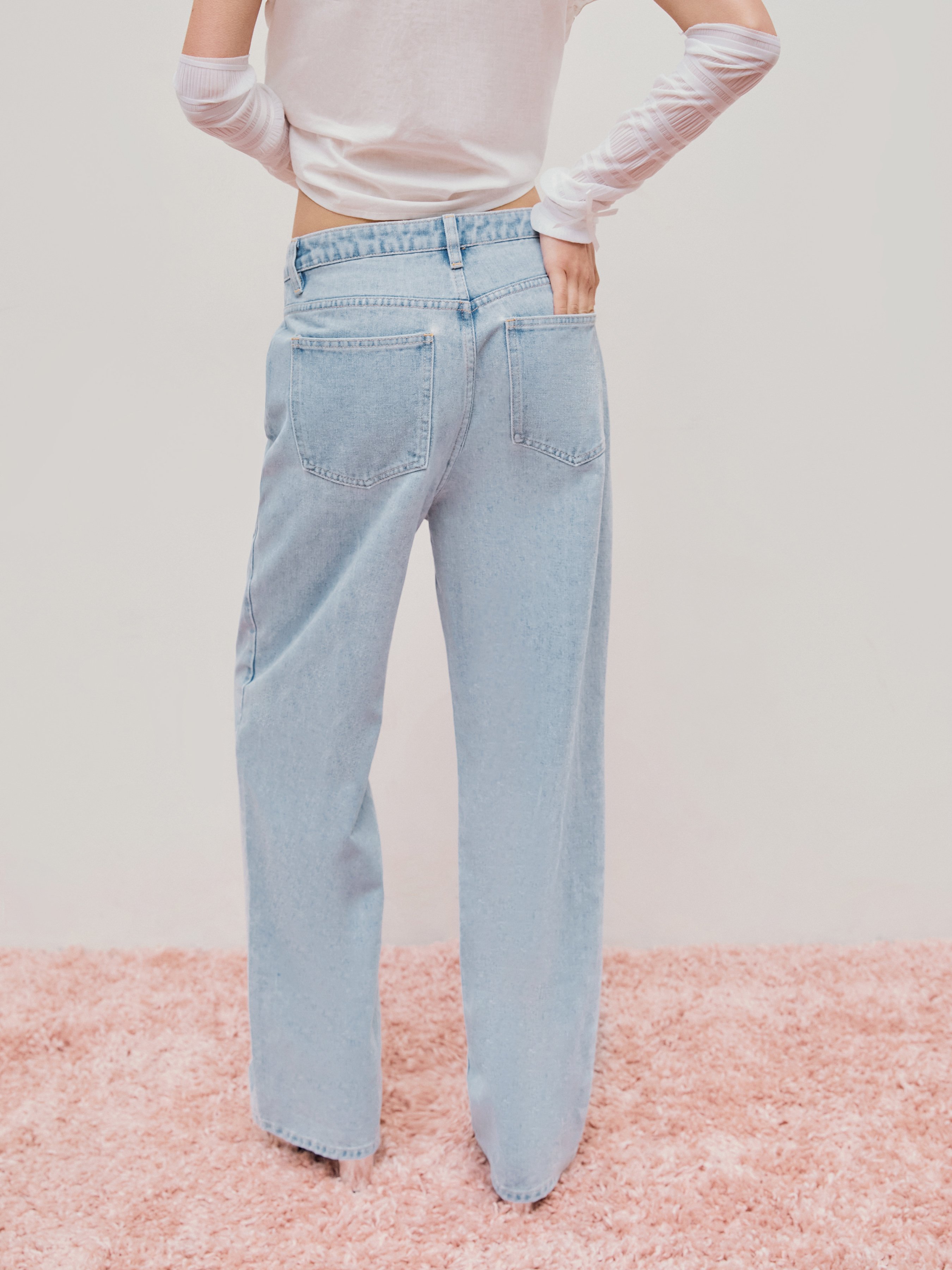 Denim Mid Waist Floral Pocket Wide Leg Jeans