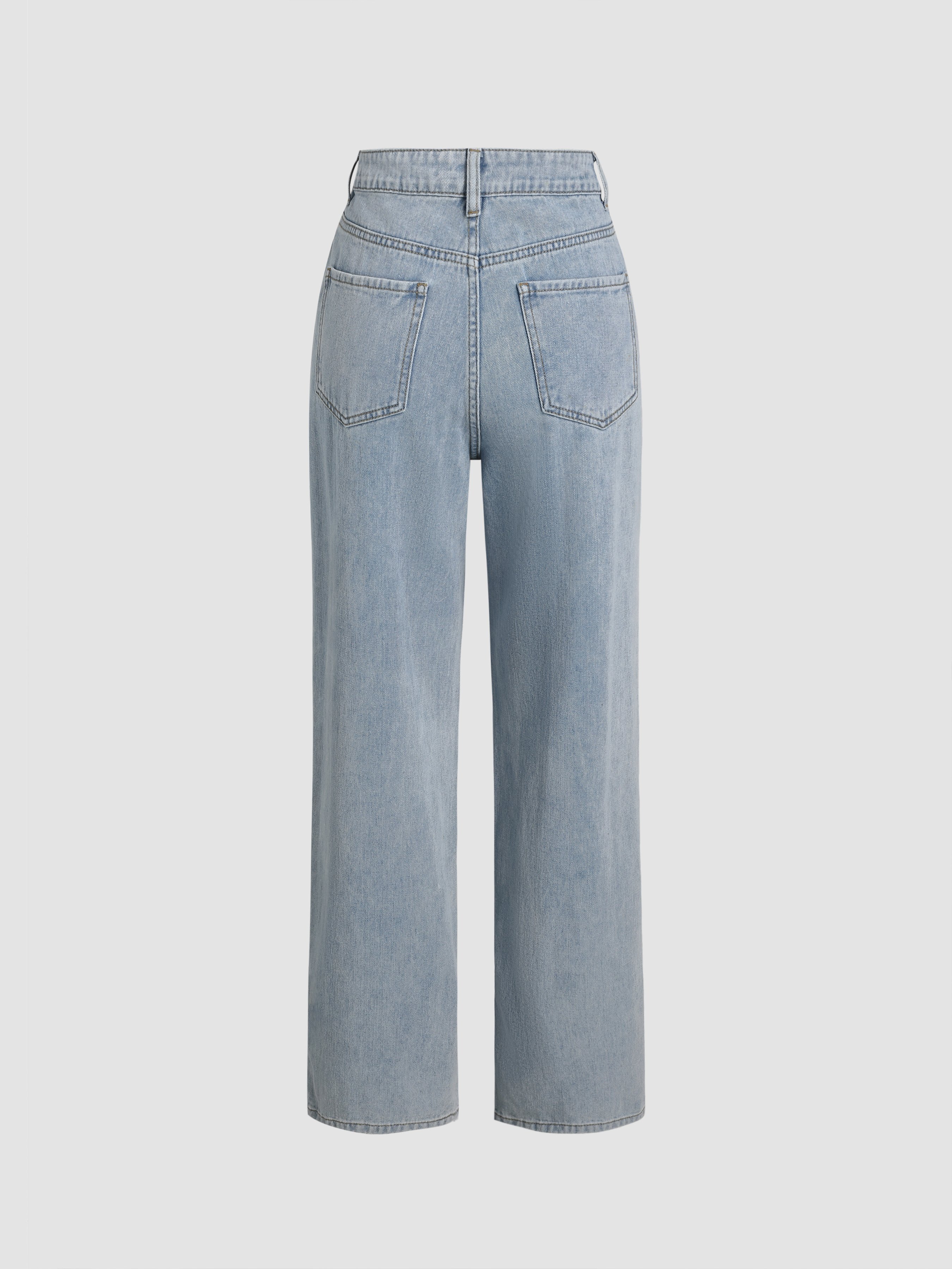 Solid High Rise Pocket Straight Leg Jeans